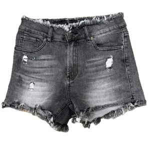 👖⛓️ RISEN LOS ANGELES Distressed Black Denim Booty Shorts Raw Hem Size S
